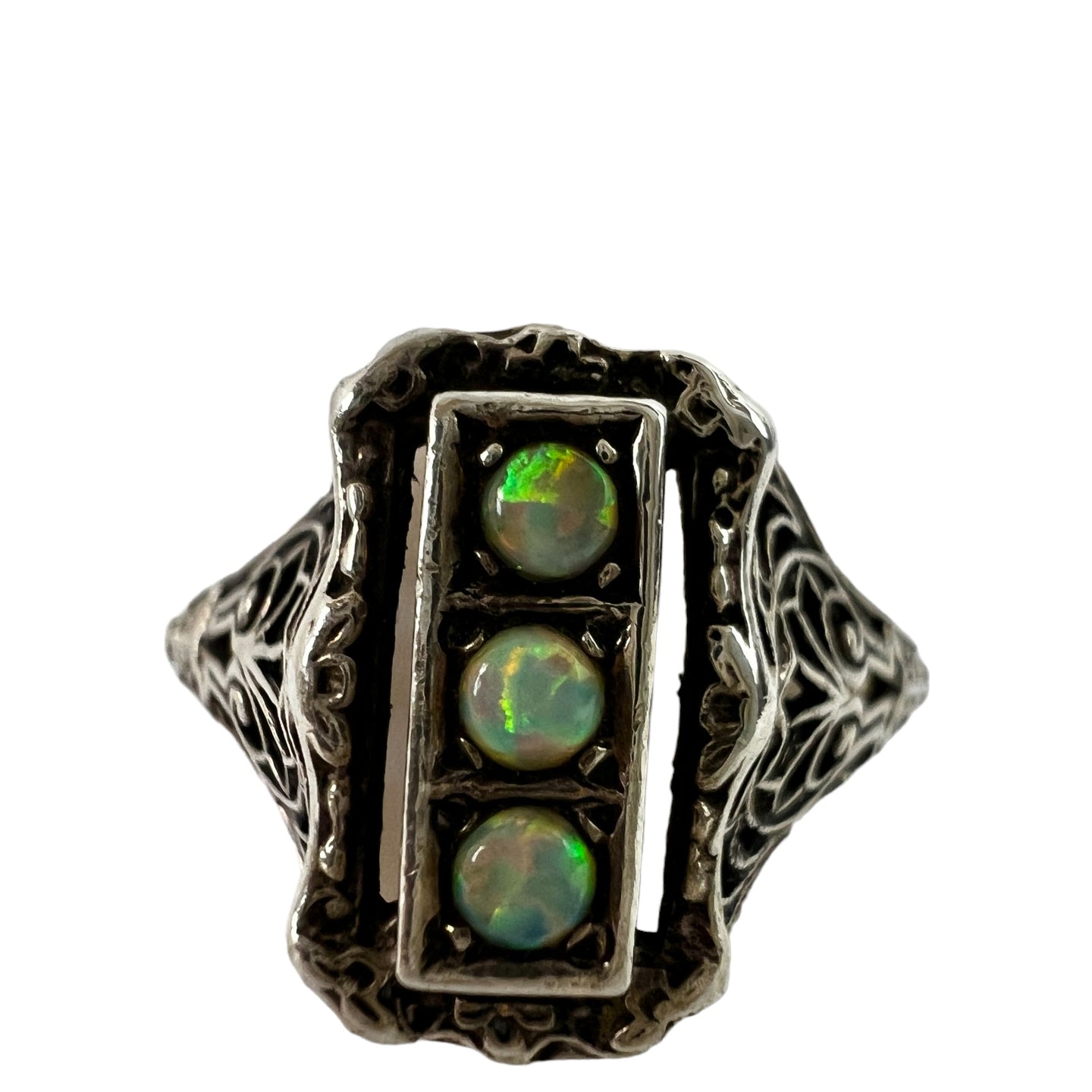 Vintage Natural Green Fire Opal 925 Sterling Silver Women Ring Jewelry