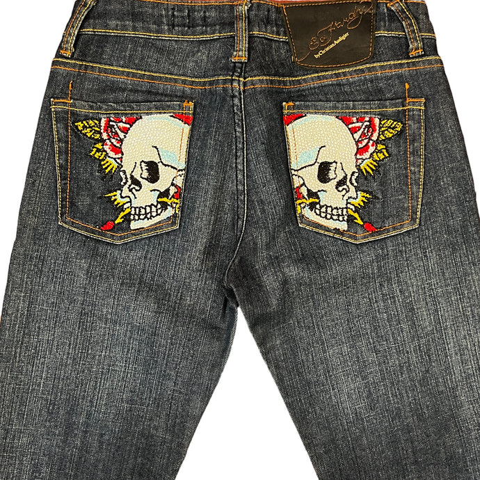 Y2K Ed Hardy Swarovski Crystal Skull Low Rise Flare Jeans Size 27 