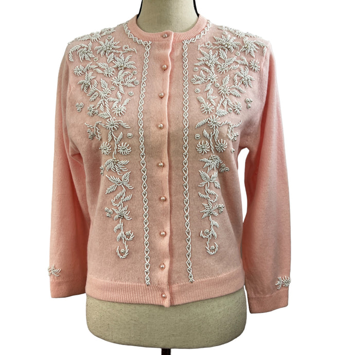 1950 Pearl Pink Beaded Cardigan Size Medium 