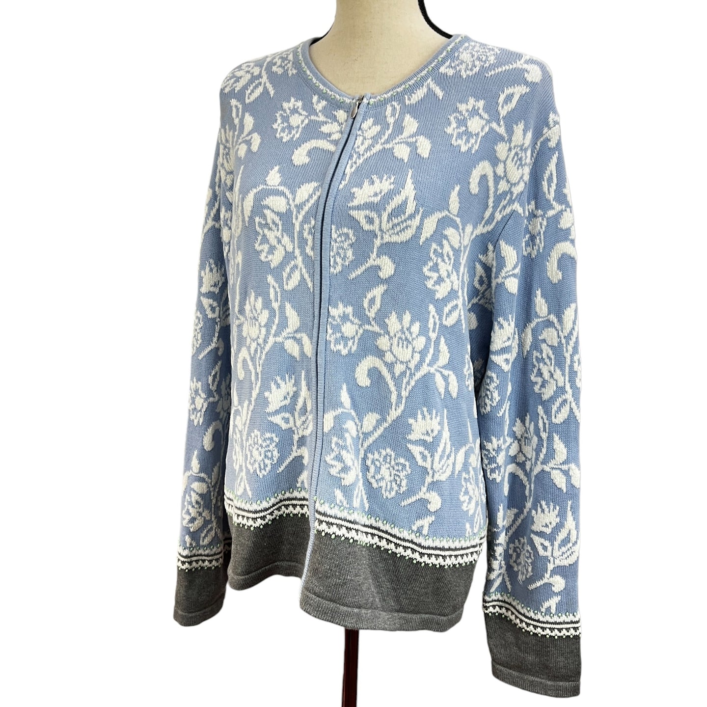 90s Talbots  Cotton Rayon Floral Knit Zip Cardigan Size XL