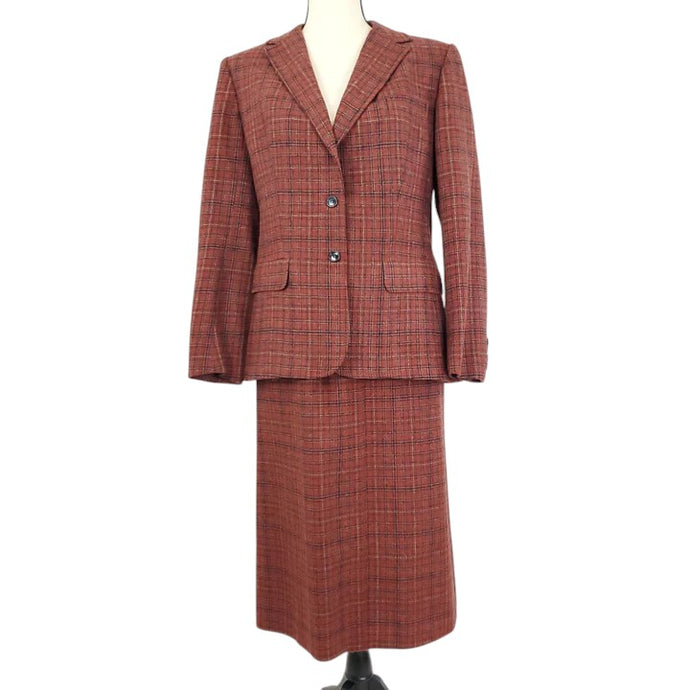VTG Red Plaid Wool Blazer Skirt Suit Set Size Small USA