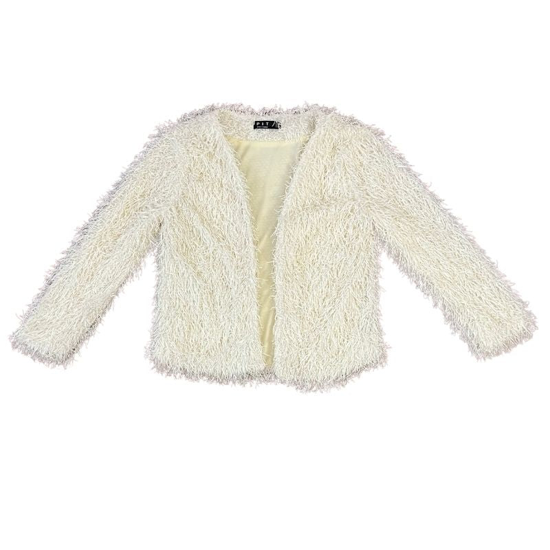 White Faux Fur Open Front Lined Coat Jacket Size 34 