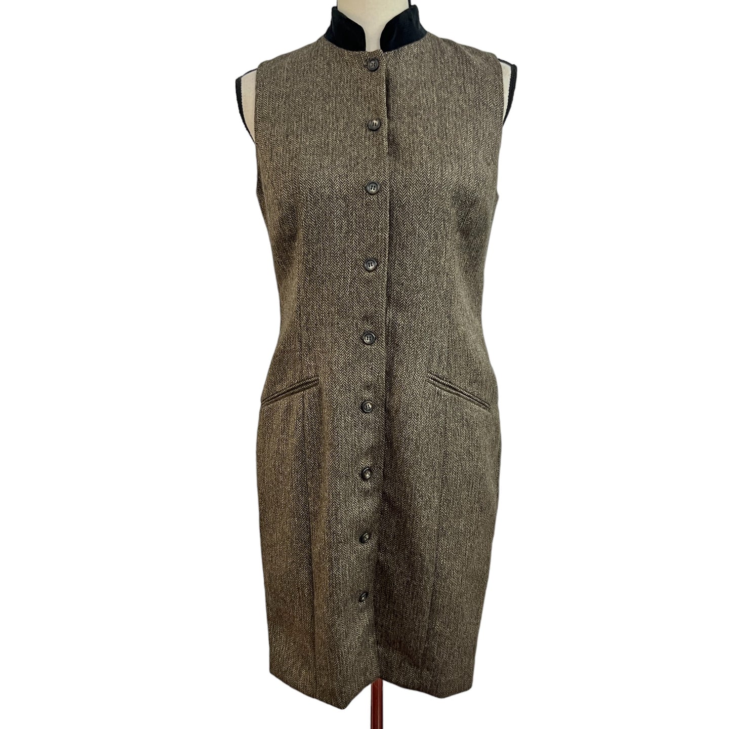 Vintage 90s Herringbone Wool Tweed Sleeveless Brown Dress Size 6