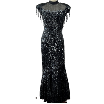 Vintage Beaded Silk Black Evening Gown Women Dress 
