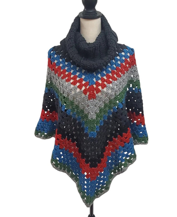 Handmade Chunky Knit Poncho Multi-Color One Size