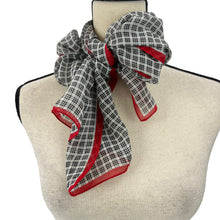Load image into Gallery viewer, Vintage Sheer Black Rectangle Scarf Pattern: Black and white checkered with red border
