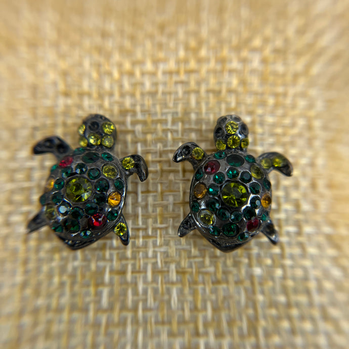 Vintage Turtle Tortoise Multicolor Stones Stud Earrings