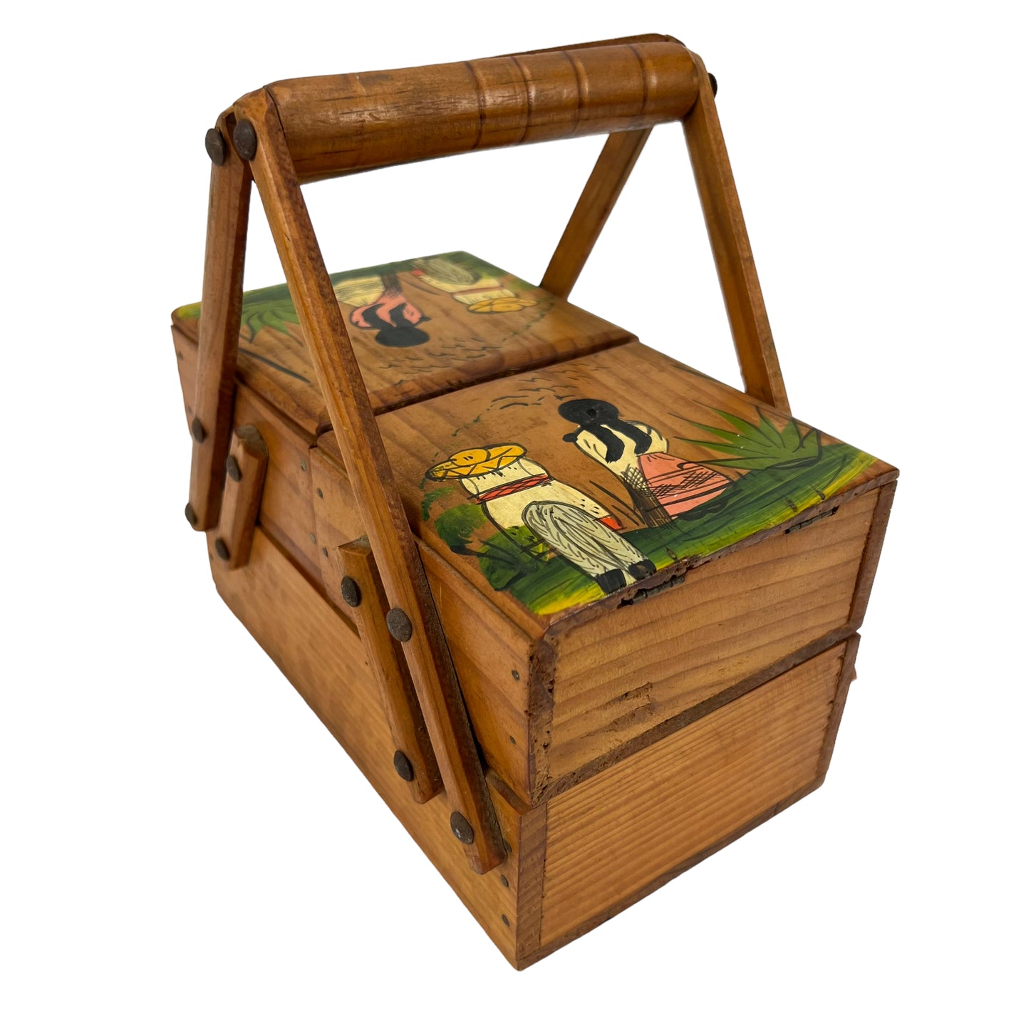 Vintage Handmade Wood Folk Art Decorative Sewing Box Purse