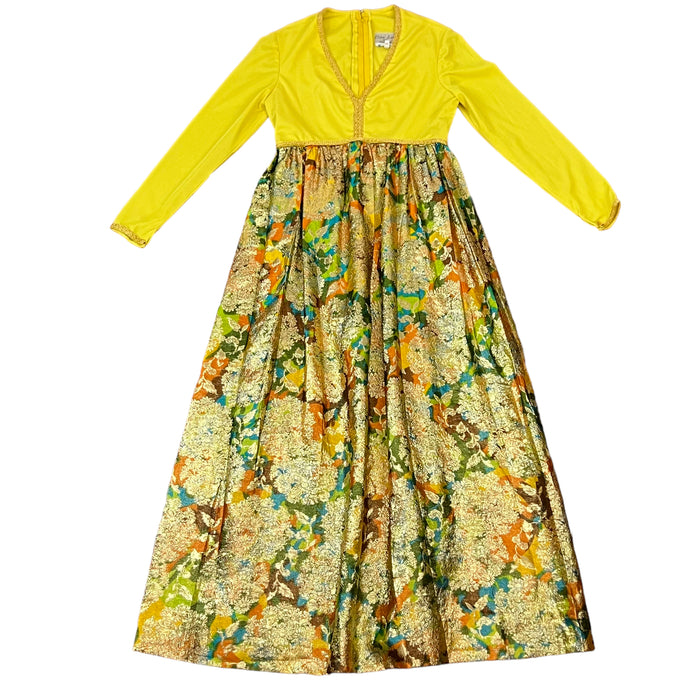 Vintage Don Luis De Espana Long Sleeves V Neckline Yellow Maxi Dress Size 14
