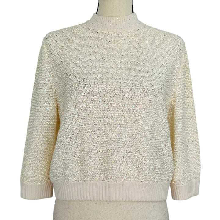 St John Evening Sequin Knit Ivory Pullover Sweater Size 10