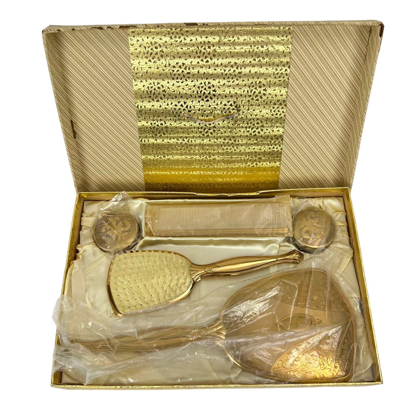 Vintage Gold Vanity Set Brush Comb Mirror Glass Jars Set