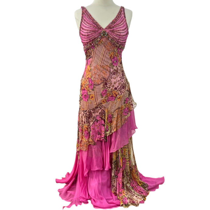Vintage Sleeveless Maxi Floral Dress Embellished Pink Sequin Top Lining