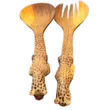 Load image into Gallery viewer, Vintage Spotted Leopard Carved Wooden Salad Utensils
