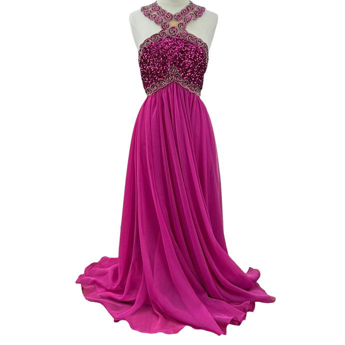 Retro Fuschia Sequined Beaded Formal Pink Chiffon Formal Gown
