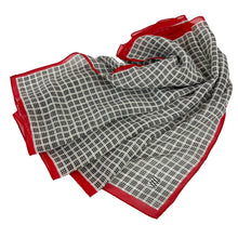 Load image into Gallery viewer,  Sheer Black Rectangle Scarf Pattern: Black and white checkered with red border
