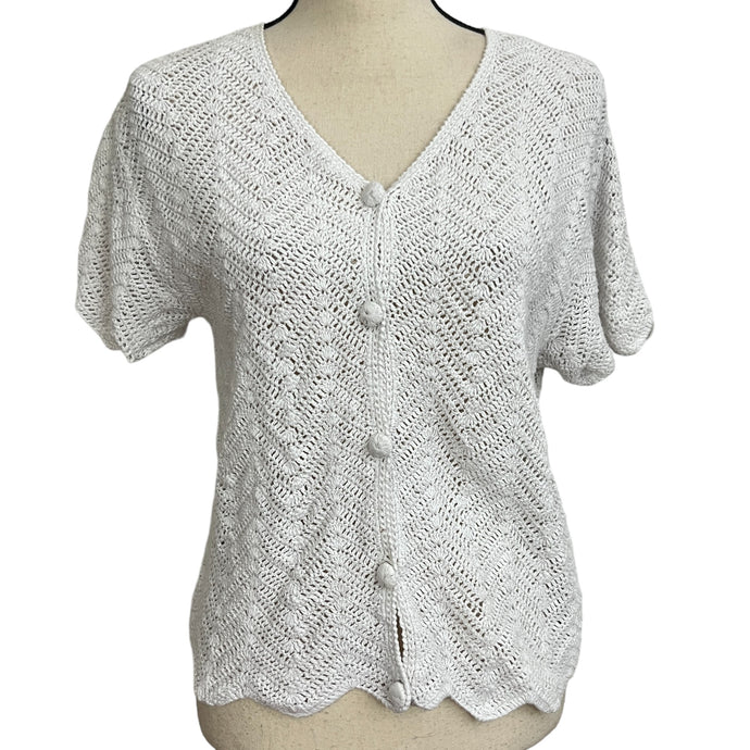 Vintage White Knit V Neck Short Sleeves Top Size Large 