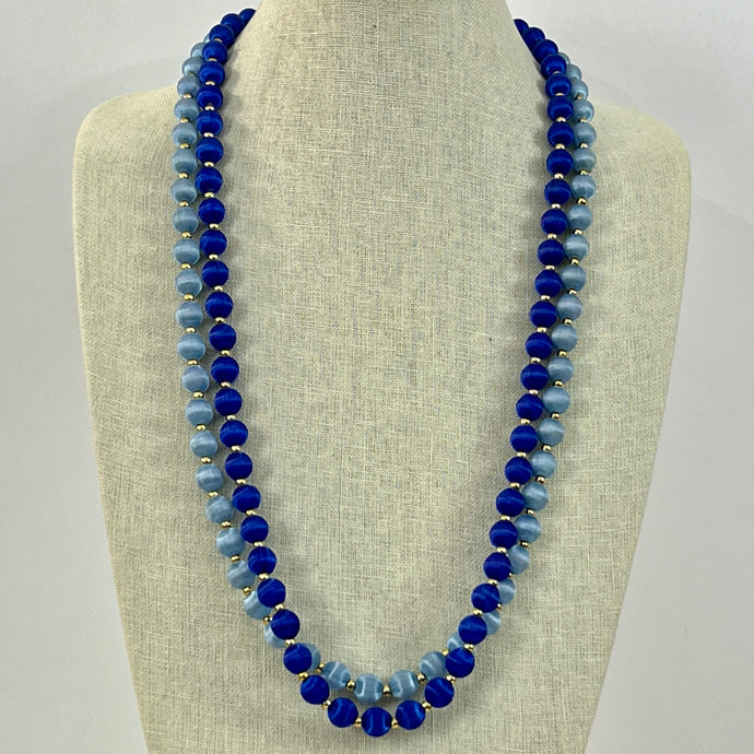 1960s Blue Silk Wrapped Beaded Necklace Set of Two Royal Blue and Baby Blue 15