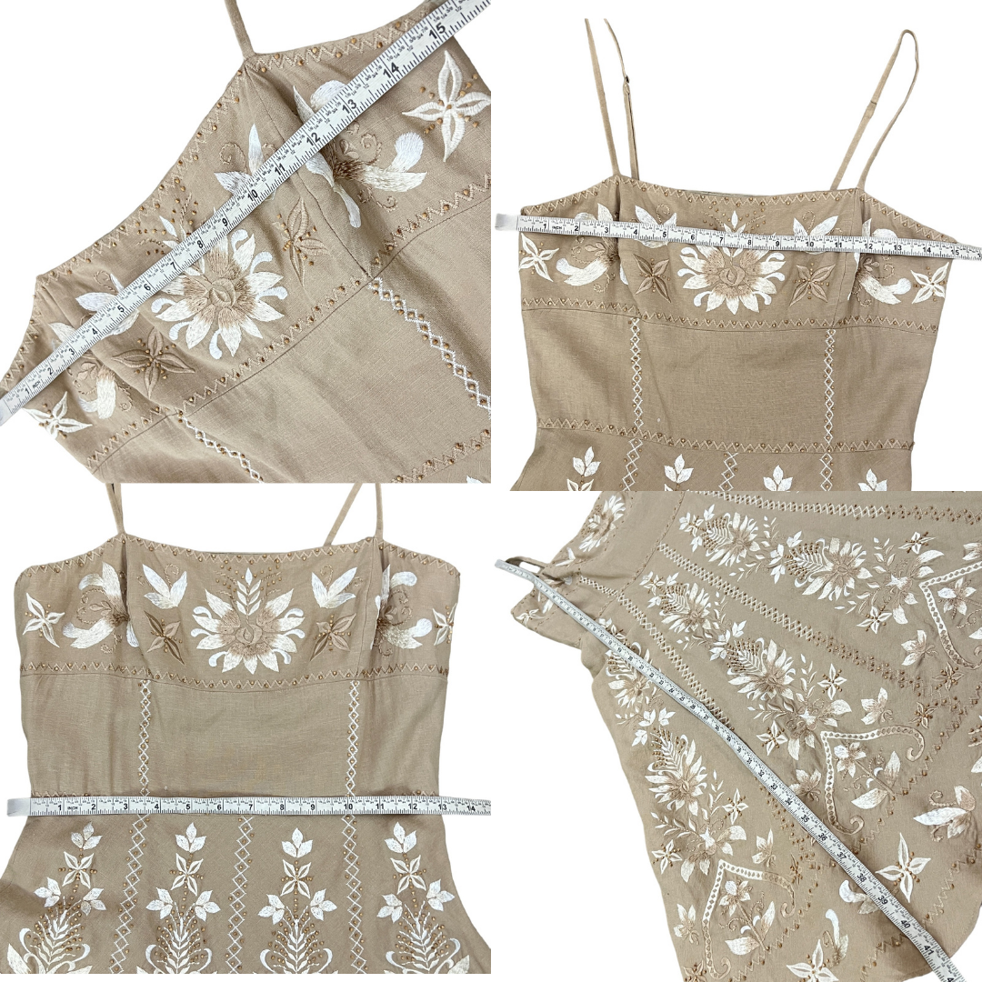 Tan Embroidered Linen Spaghetti Strap Dress Size 2