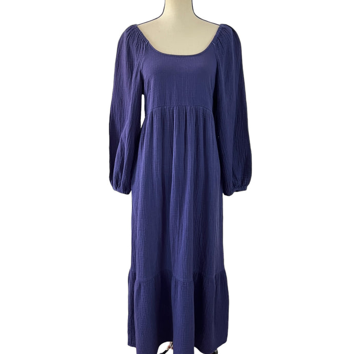 100% Cotton Navy Blue Puff Sleeve Maxi Dress Size Small