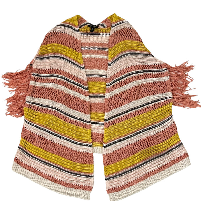 Crochet Fringed Open Knit Striped Cardigan Medium 