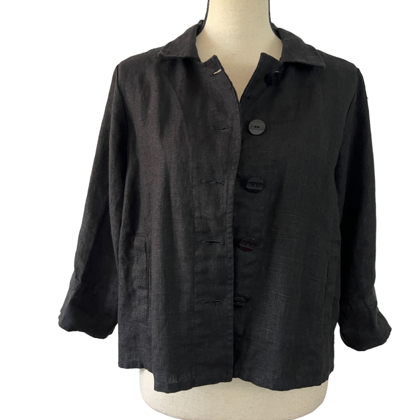 Flax Black Long Sleeve 100% Linen Button Front Collared Shirt Jacket Small Petite