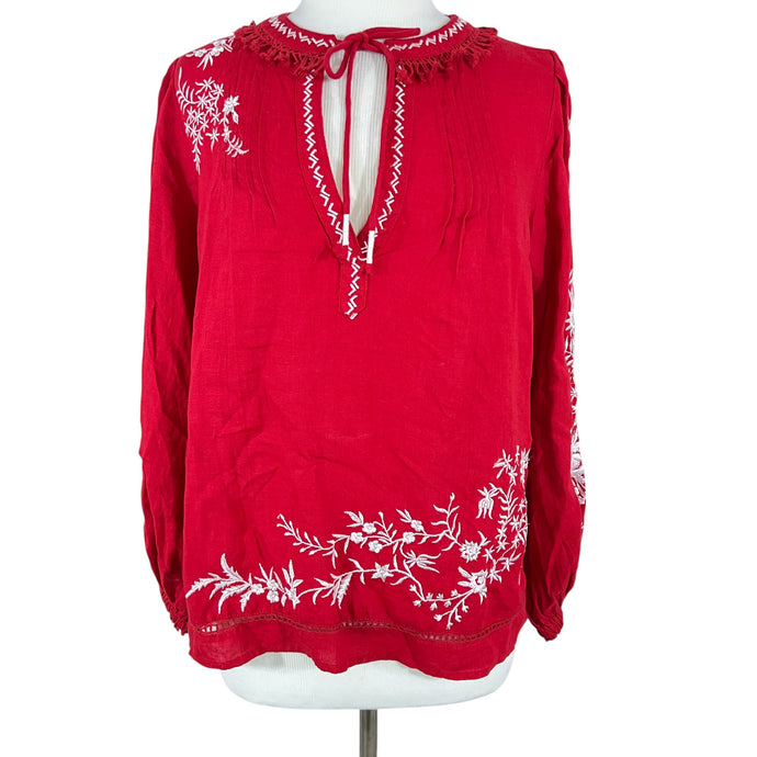 Sundance Red Embroidered Linen Peasant Top Size Medium