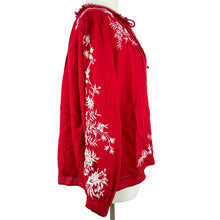 Load image into Gallery viewer, Sundance Red Embroidered Linen Peasant Top Size Medium
