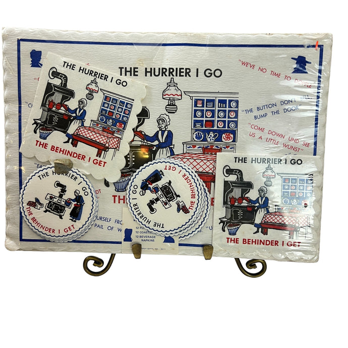 The Hurrier I Go The Behinder I Get Mid-Century Kitsch Hostess Set Coasters Napkins