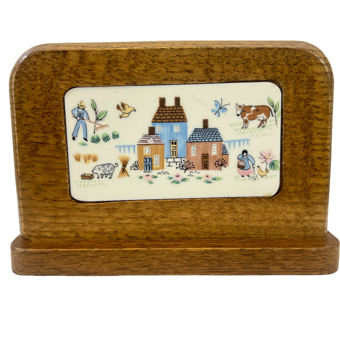 Wooden Heartland Village Farm Scene Napkin Holder Made in Japan