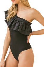 Load image into Gallery viewer, Black One Shoulder Ruffle Bodysuit Size Medium
