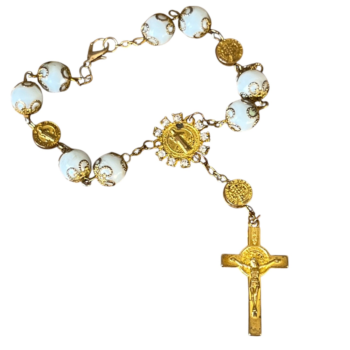 VTG Faux Pearl & Gold Rosary Bracelet Jesus