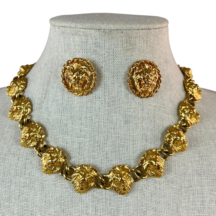 Vintage Lion Heads Gold Tone Link Necklace & Earrings Set