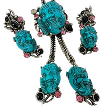 Load image into Gallery viewer, 1960s Selro Noh Mask Bolo Necklace &amp; Earring Set Turquoise Blue
