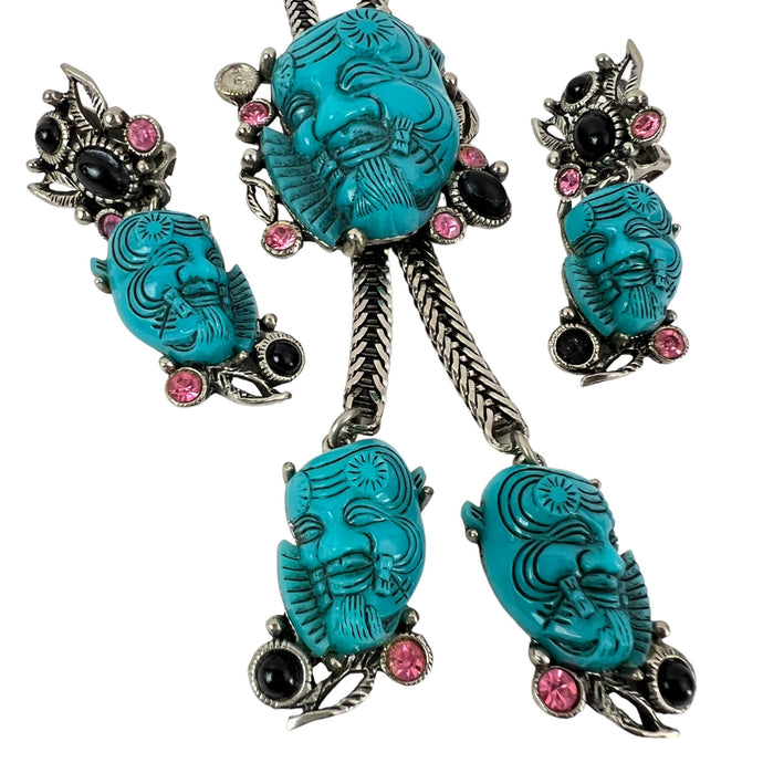 1960s Selro Noh Mask Necklace Earring Set 