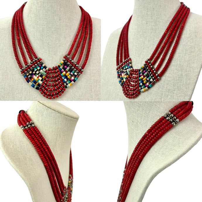 Red Tribal Beaded Multi-Strand Necklace 19.5