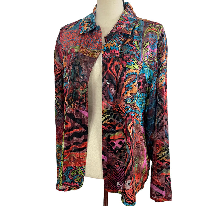 Chico's Paisley Rayon Silk Button Up Sheer Shirt Size 2 