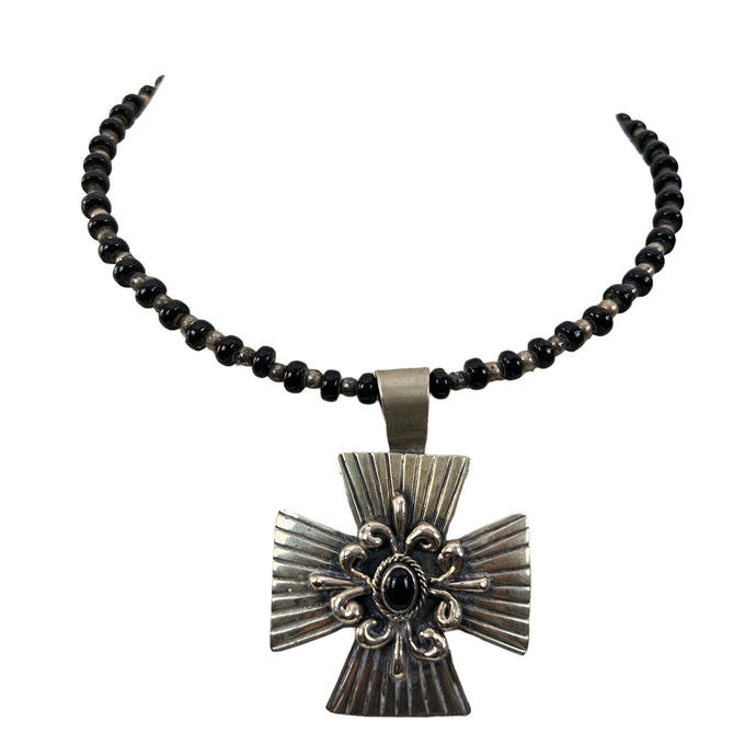 Vintage Silver Bead Choker Cross Pendant Necklace