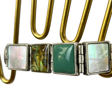Load image into Gallery viewer, Vintage Monet Bracelet Cuff Silver Tone Panel Link Simulated Turquoise Enamel

