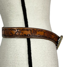 Load image into Gallery viewer, Vintage Western Tooled Leather Belt Silver Plate Buckle
