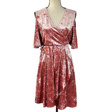 Load image into Gallery viewer, Pink Velvet Cold Shoulder Wrap Dress Size Medium 
