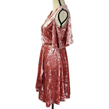 Load image into Gallery viewer, Pink Velvet Cold Shoulder Wrap Dress Size Medium 
