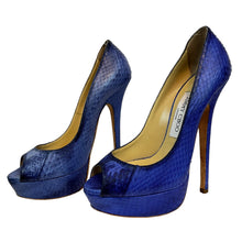 Load image into Gallery viewer, Jimmy Choo Women’s Blue Snakeskin Peep Toe Platform Heels 37 1/2
