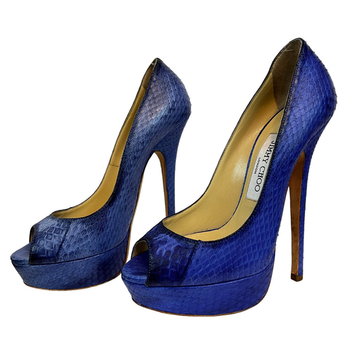 Jimmy Choo Women’s Blue Snakeskin Peep Toe Platform Heels 37 1/2