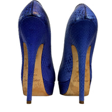 Load image into Gallery viewer, Jimmy Choo Women’s Blue Snakeskin Peep Toe Platform Heels 37 1/2
