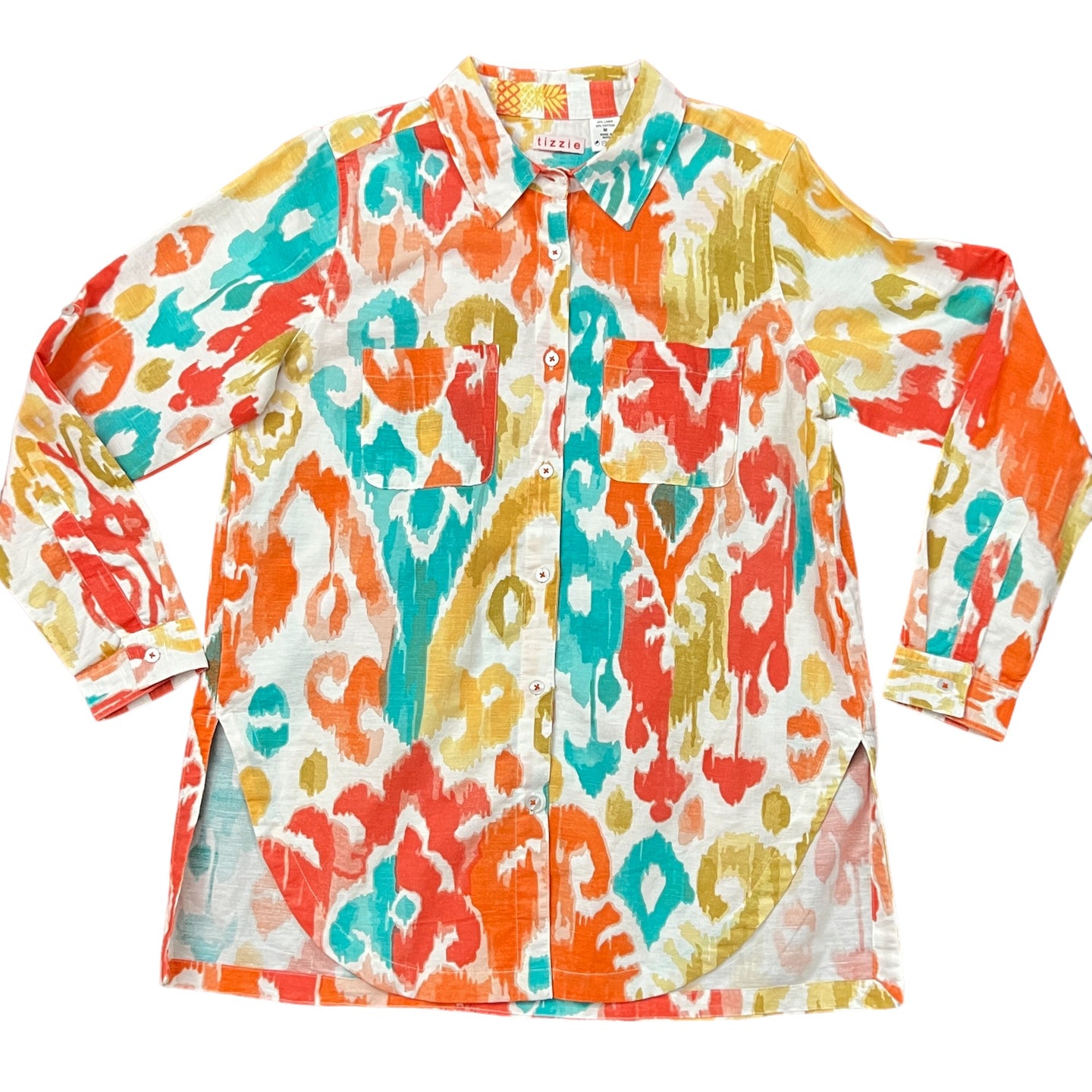 Tizzie Women's Long Roll Tab Sleeve Button Up Shirt Linen Blend Bright Pattern M