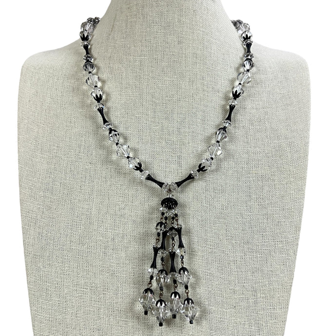 Chic 1920s Art Deco Cut Crystal Black Filigree Tassel Necklace 14.5