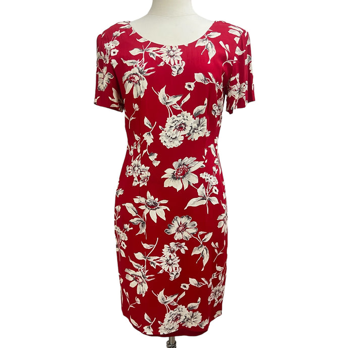 1980s Red Floral Short Sleeve Dress Size 8