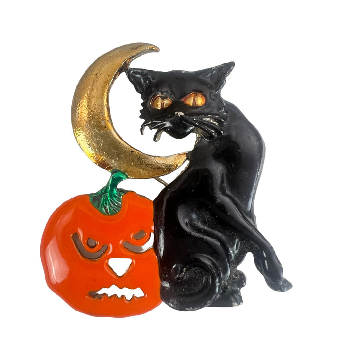 Vintage Black Cat Halloween Brooch Jack-o’-lantern Pumpkin