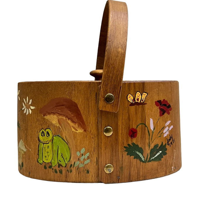 1970s Bentwood Box with Handle Handpainted Mushroom Garden