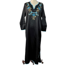 Load image into Gallery viewer, Vintage Black Satin Embroidered Floral Caftan House Dress Medium
